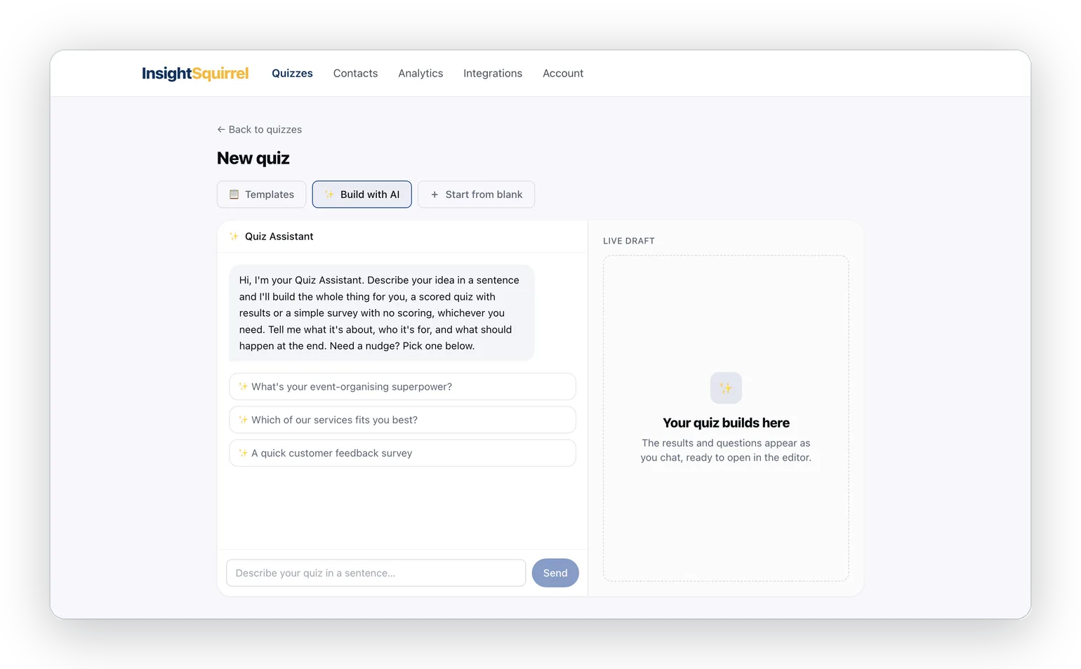 Building a quiz with the InsightSquirrel AI assistant, which drafts questions and results from a one-line prompt