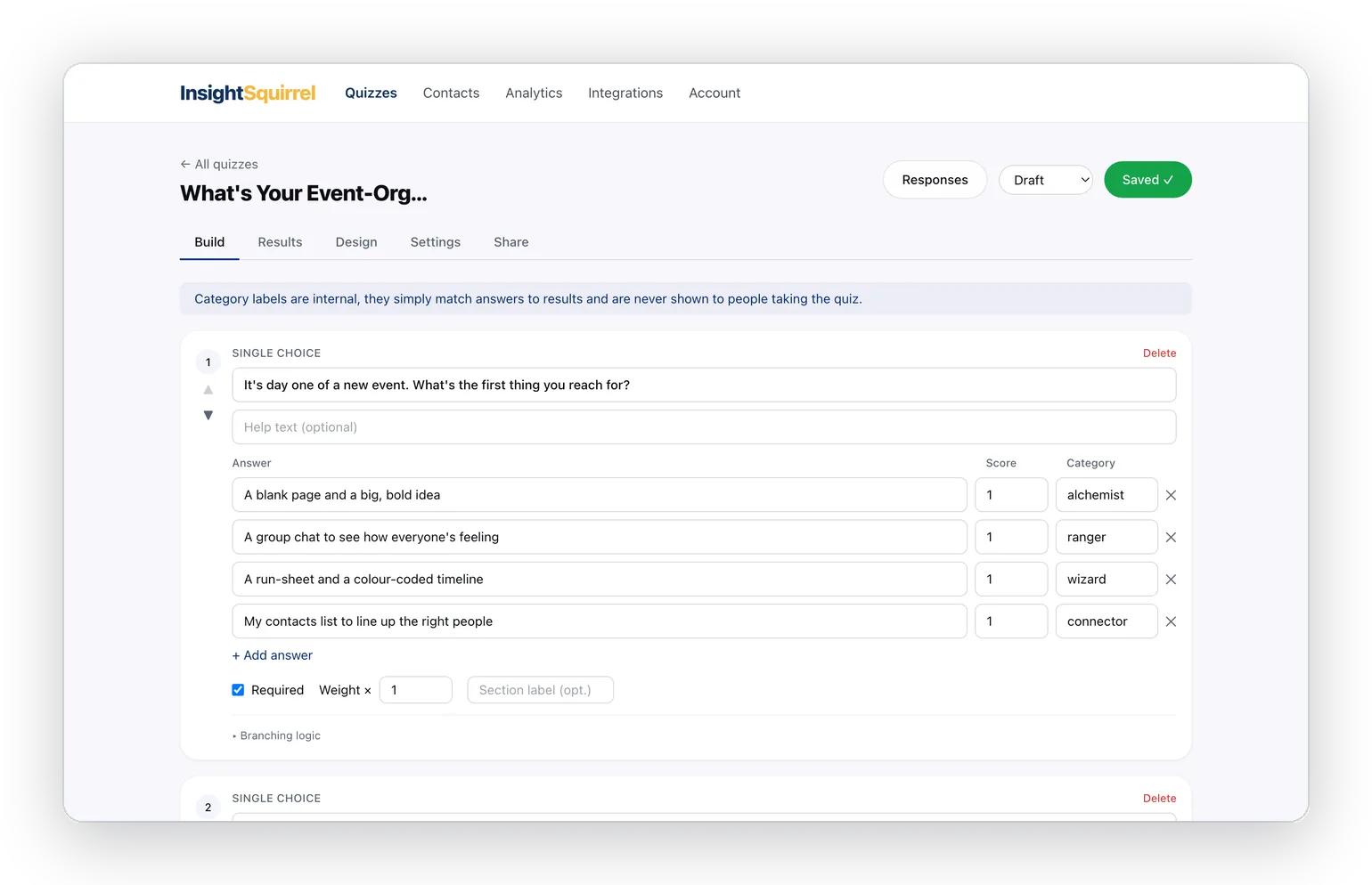 The InsightSquirrel visual quiz builder showing questions, answers, scores and category matching