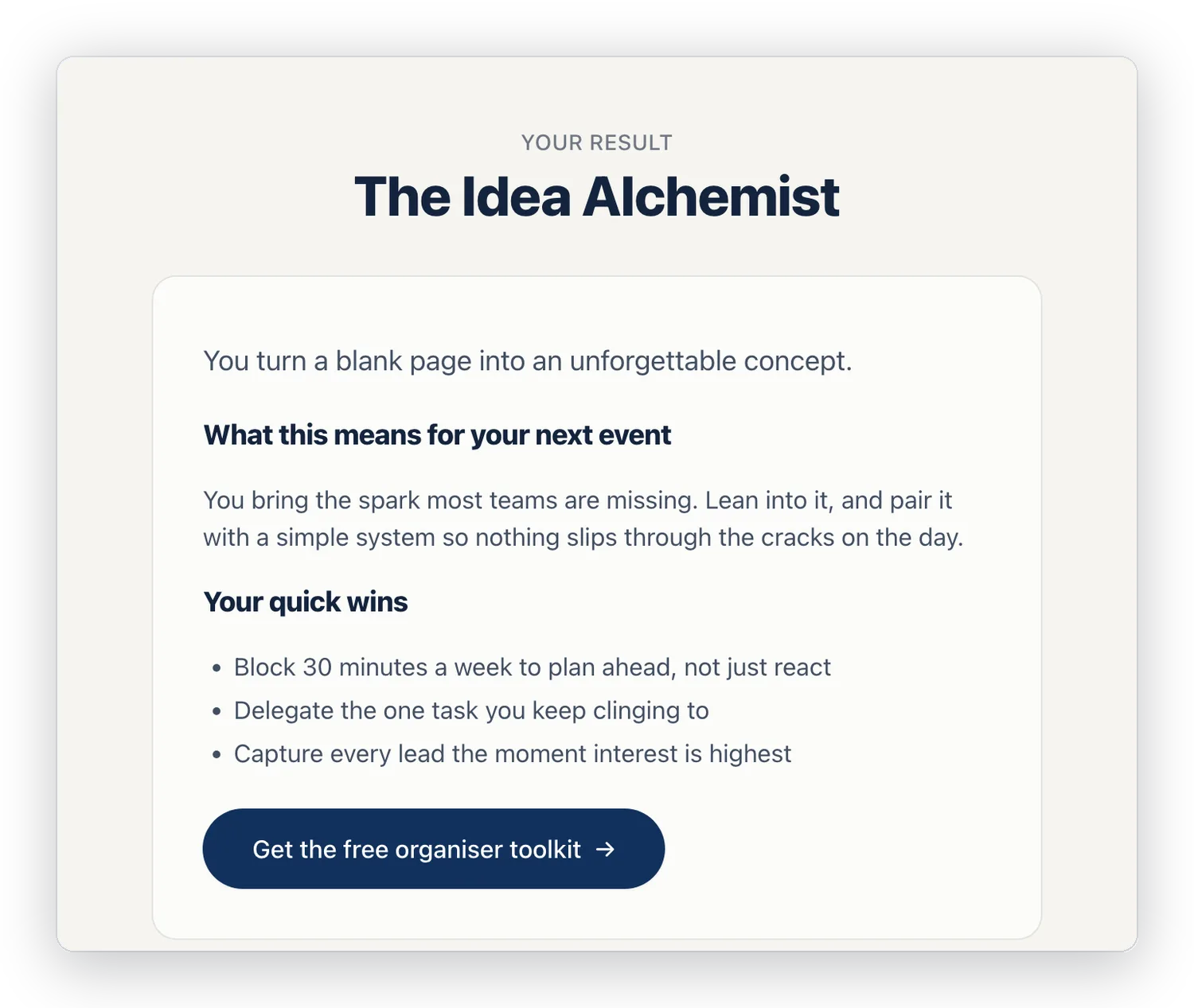 A personalised quiz results page with tailored recommendations and a clear call to action